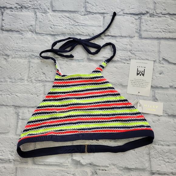 Milly Cabana High Neck Halter Neon Stripe Eyelet Bikini Top size Medium - Picture 2 of 11